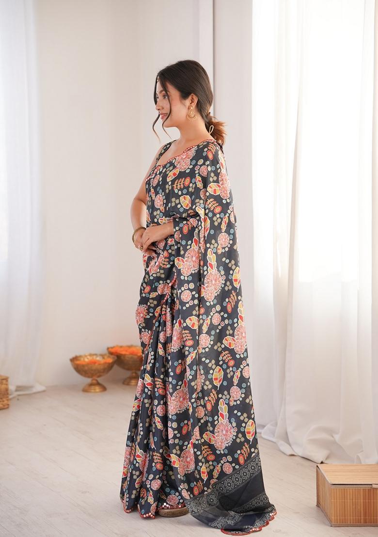 Teal Embellished Chinon Saree Set - Indya