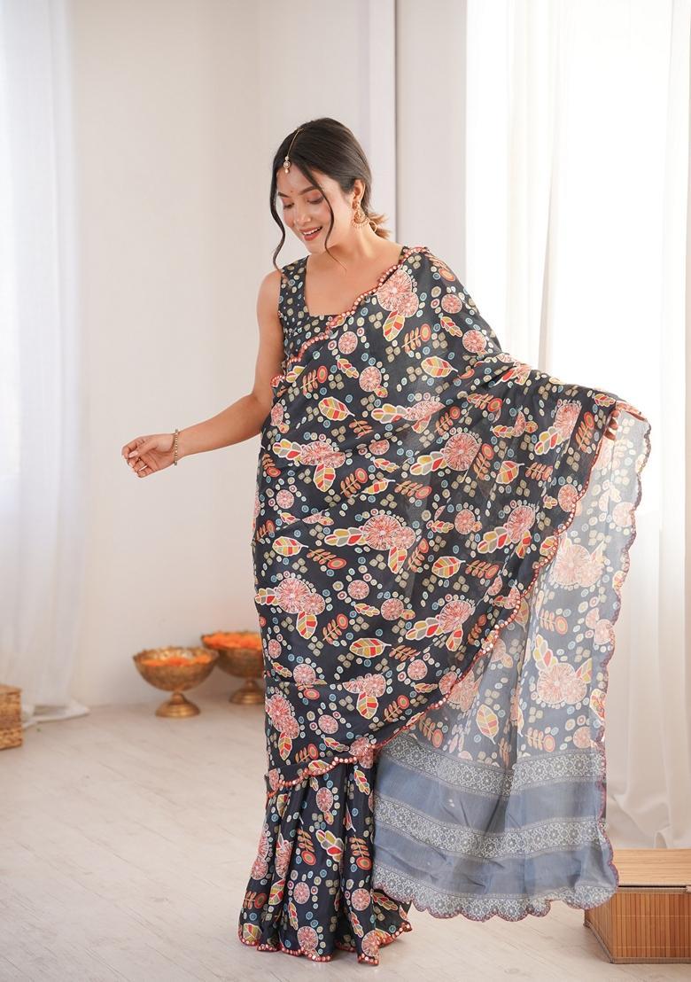 Teal Embellished Chinon Saree Set - Indya