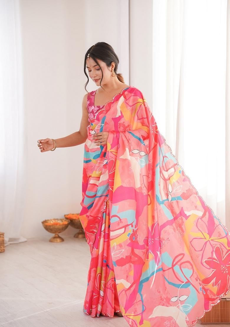 Red Embellished Chinon Saree Set - Indya