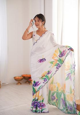 Off White Embellished Chinon Saree Set