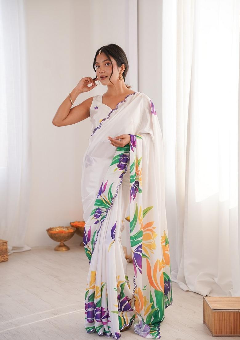 Off White Embellished Chinon Saree Set - Indya