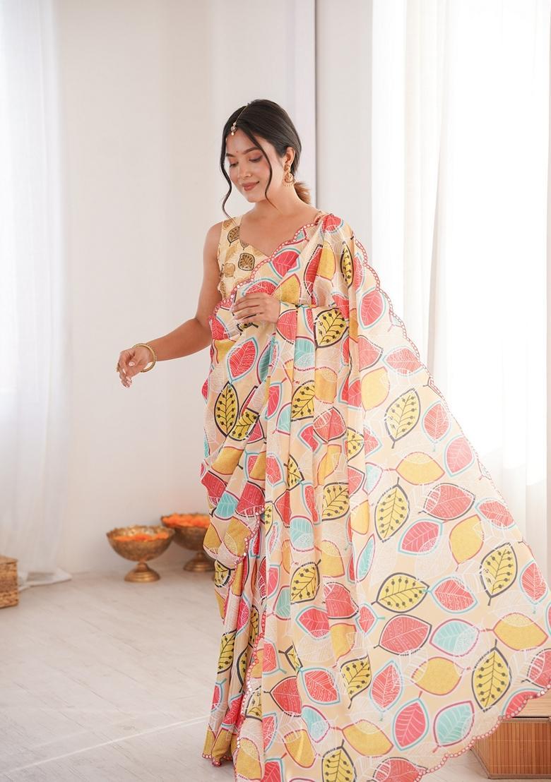 Multicolor Embellished Chinon Saree Set - Indya