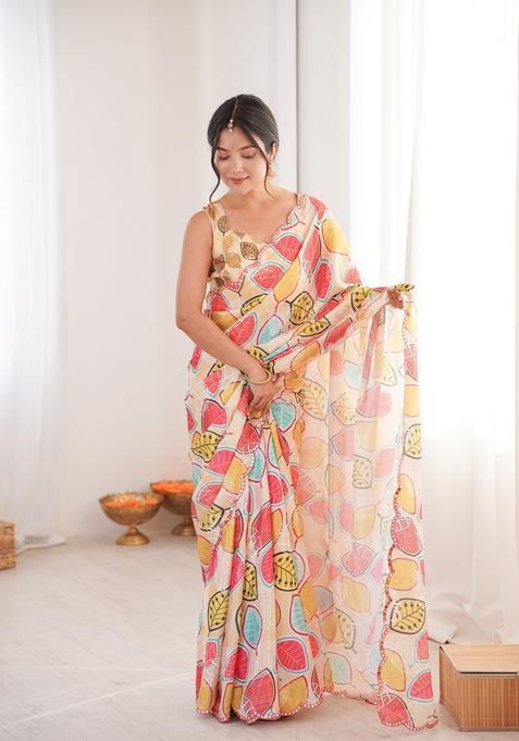 Multicolor Embellished Chinon Saree Set