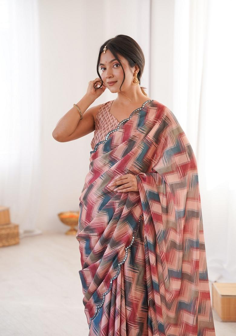 Multicolor Embellished Chinon Saree Set - Indya