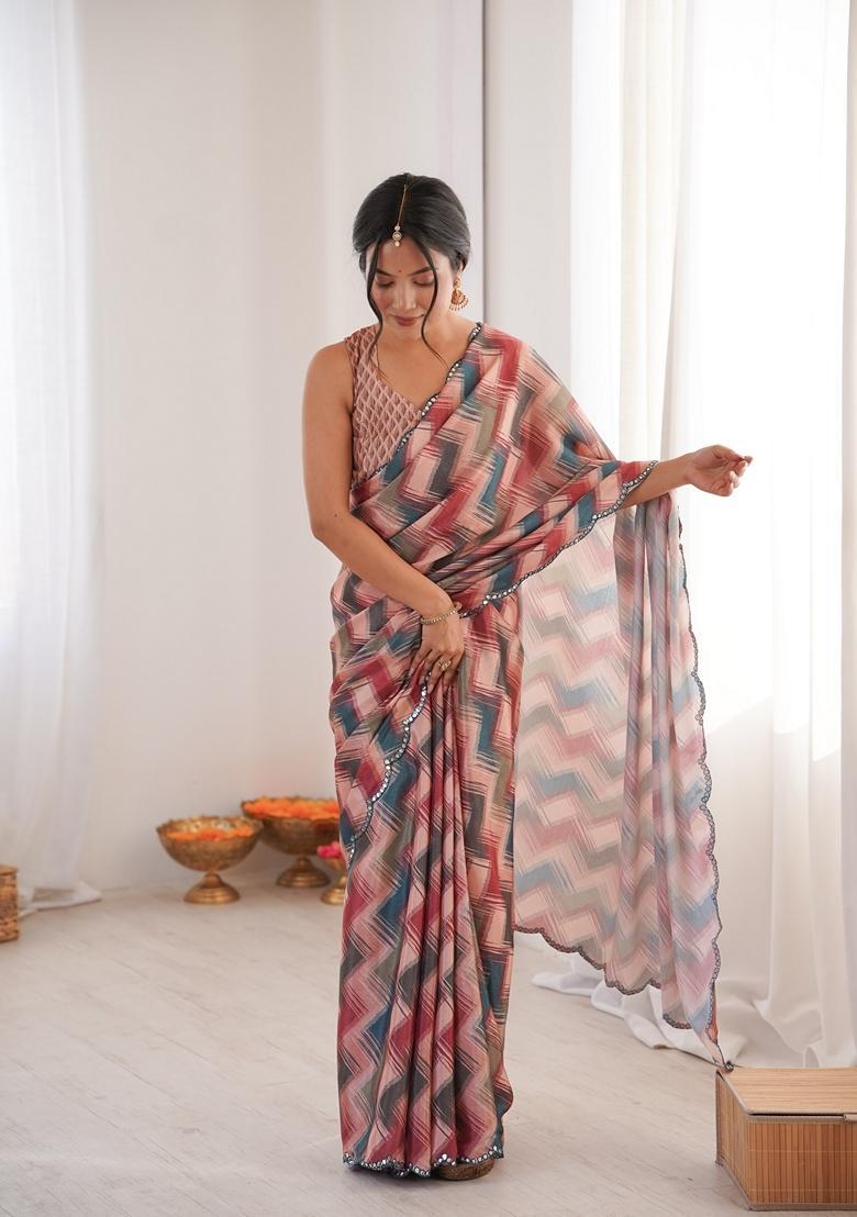 Multicolor Embellished Chinon Saree Set - Indya