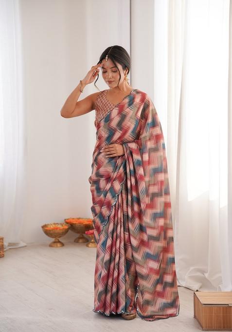 Multicolor Embellished Chinon Saree Set