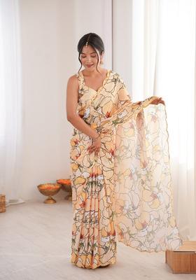 Yellow Embellished Chinon Saree Set