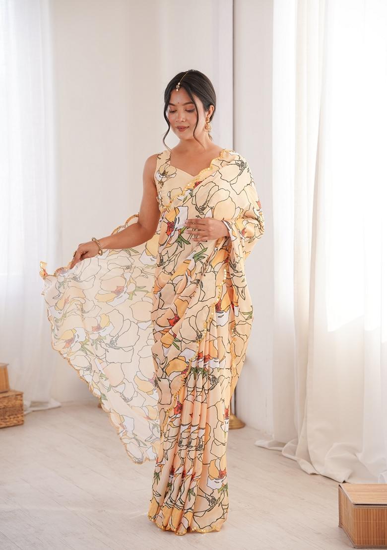 Yellow Embellished Chinon Saree Set - Indya