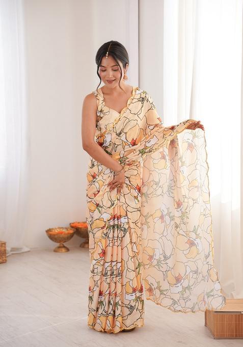 Yellow Embellished Chinon Saree Set