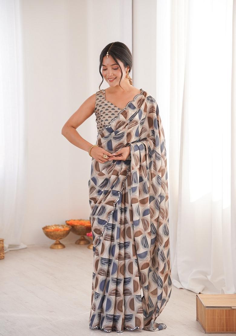 Teal Embellished Chinon Saree Set - Indya