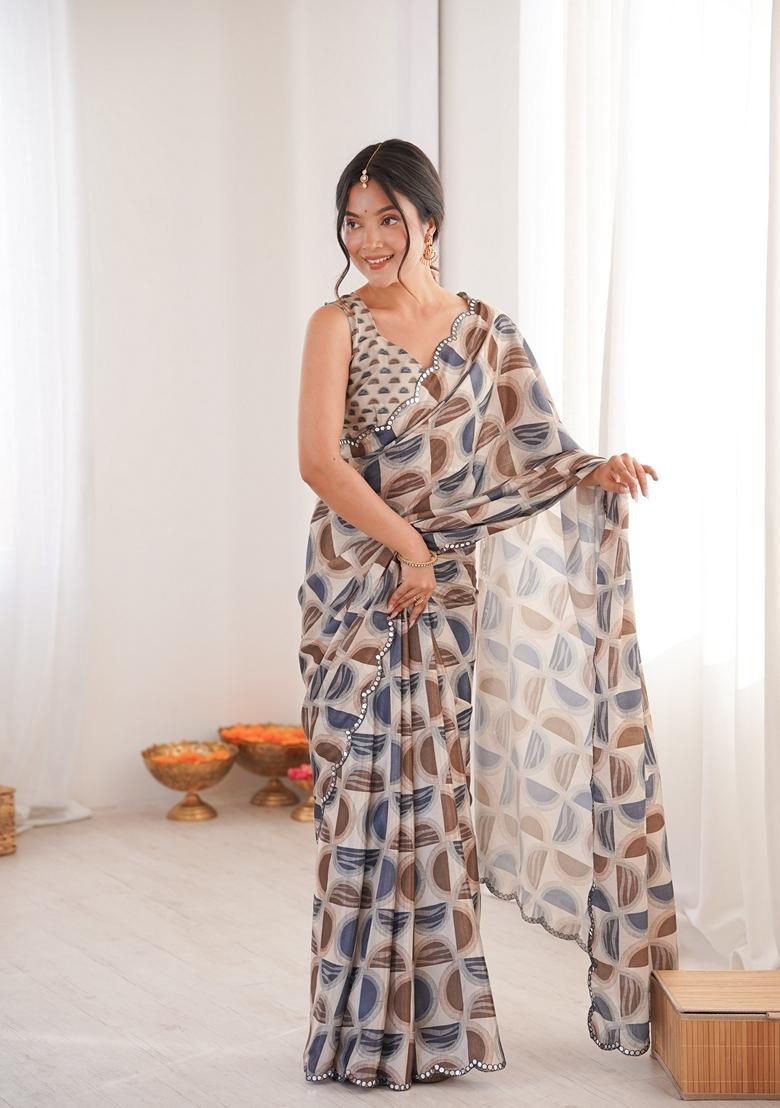 Teal Embellished Chinon Saree Set - Indya