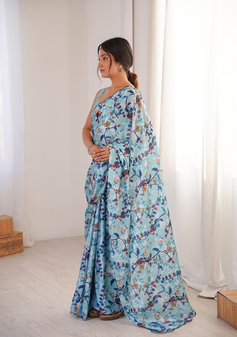 Aqua Embellished Chinon Saree Set - Indya