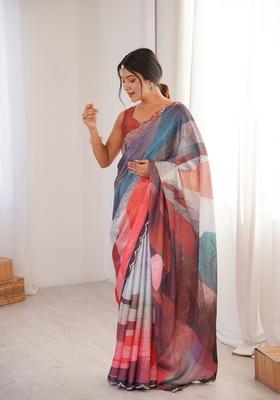 Multicolor Embellished Chinon Saree Set