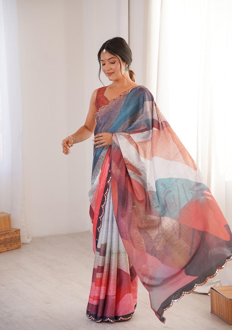 Multicolor Embellished Chinon Saree Set - Indya