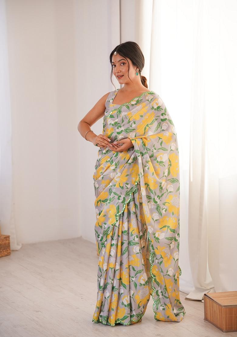 Yellow Embellished Chinon Saree Set - Indya