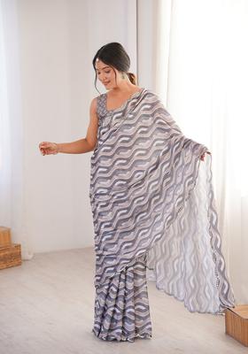 Grey Embellished Chinon Saree Set