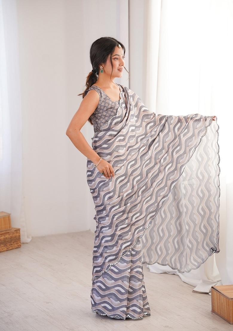 Grey Embellished Chinon Saree Set - Indya