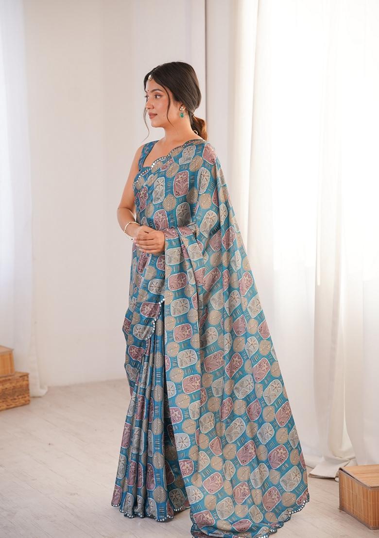 Aqua Embellished Chinon Saree Set - Indya