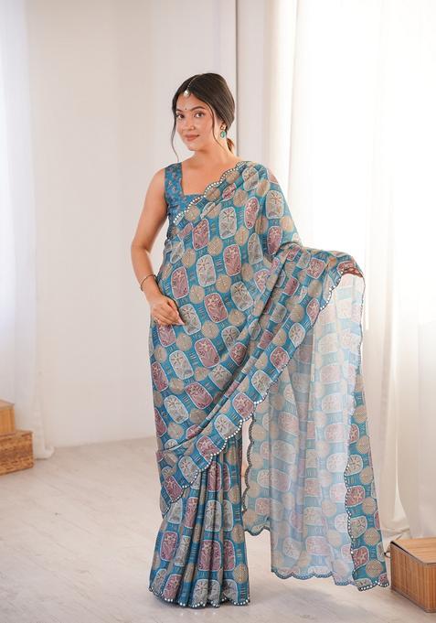 Aqua Embellished Chinon Saree Set