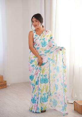 Yellow Embellished Chinon Saree Set