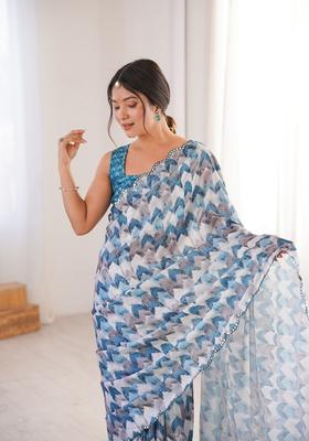 Aqua Embellished Chinon Saree Set