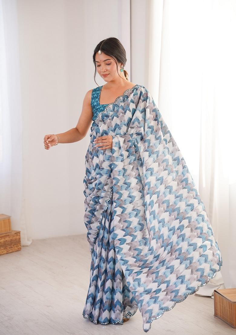 Aqua Embellished Chinon Saree Set - Indya