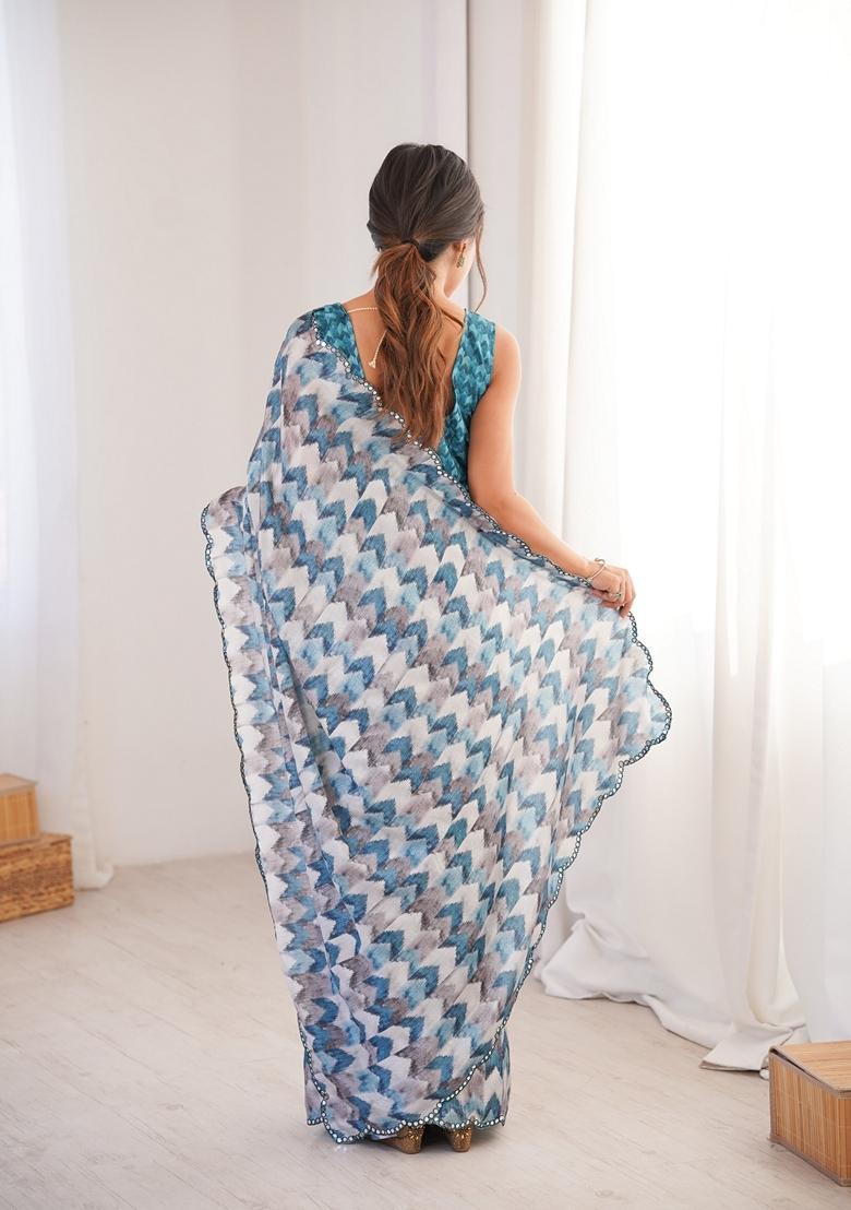 Aqua Embellished Chinon Saree Set - Indya