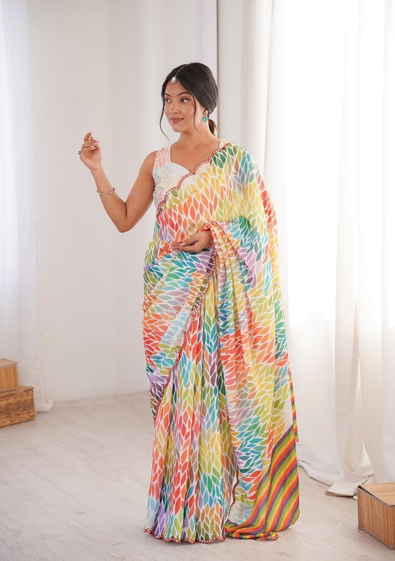 Multicolor Embellished Chinon Saree Set - Indya