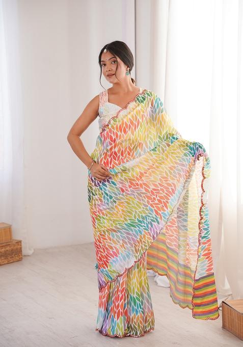 Multicolor Embellished Chinon Saree Set