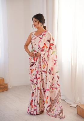 Peach Embellished Chinon Saree Set