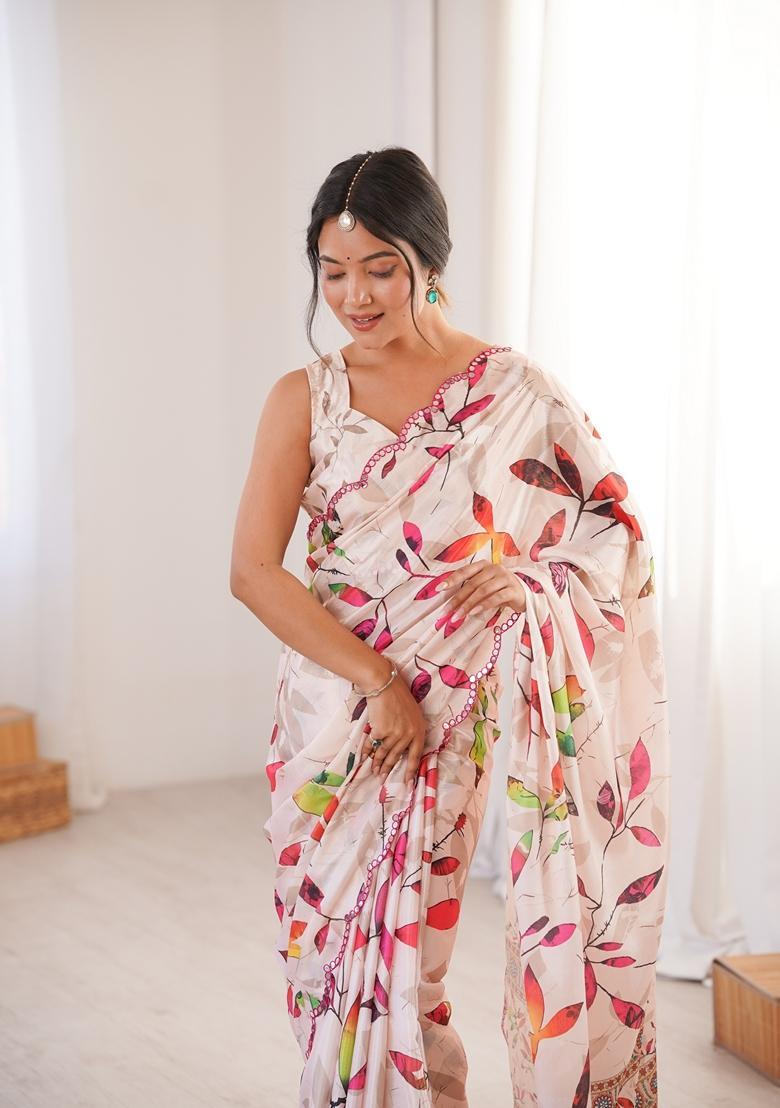 Peach Embellished Chinon Saree Set - Indya