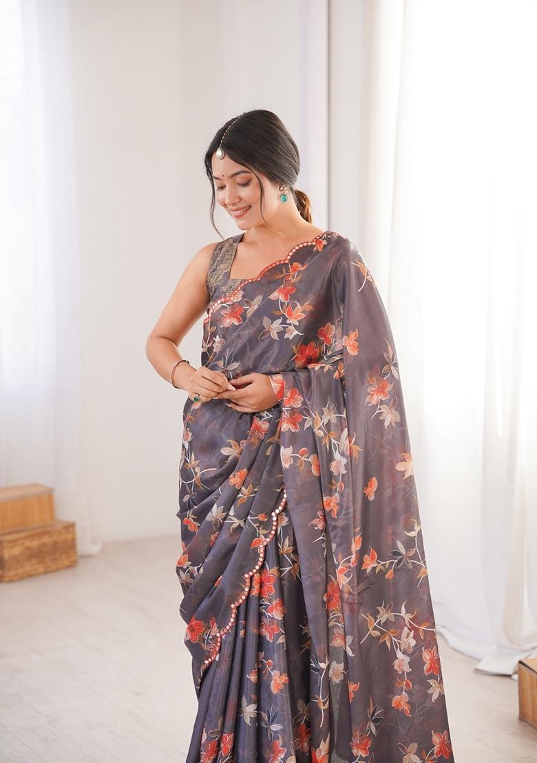 Grey Embellished Chinon Saree Set - Indya