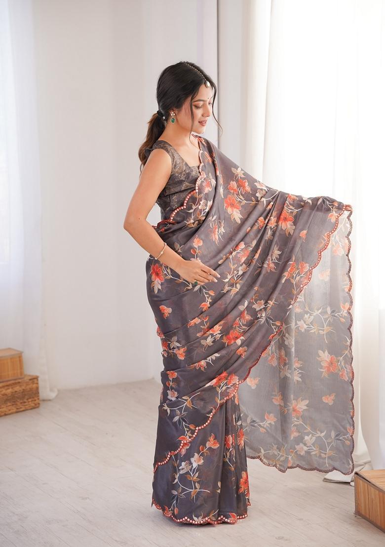 Grey Embellished Chinon Saree Set - Indya