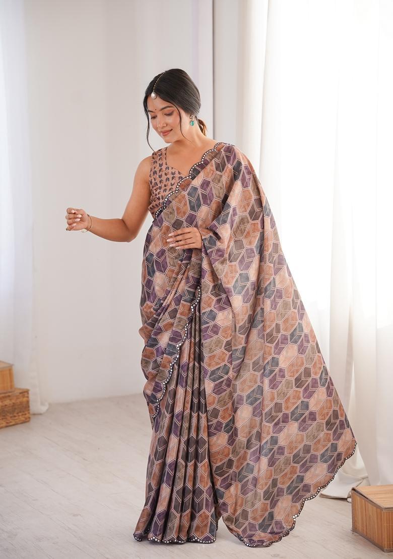 Multicolor Embellished Chinon Saree Set - Indya
