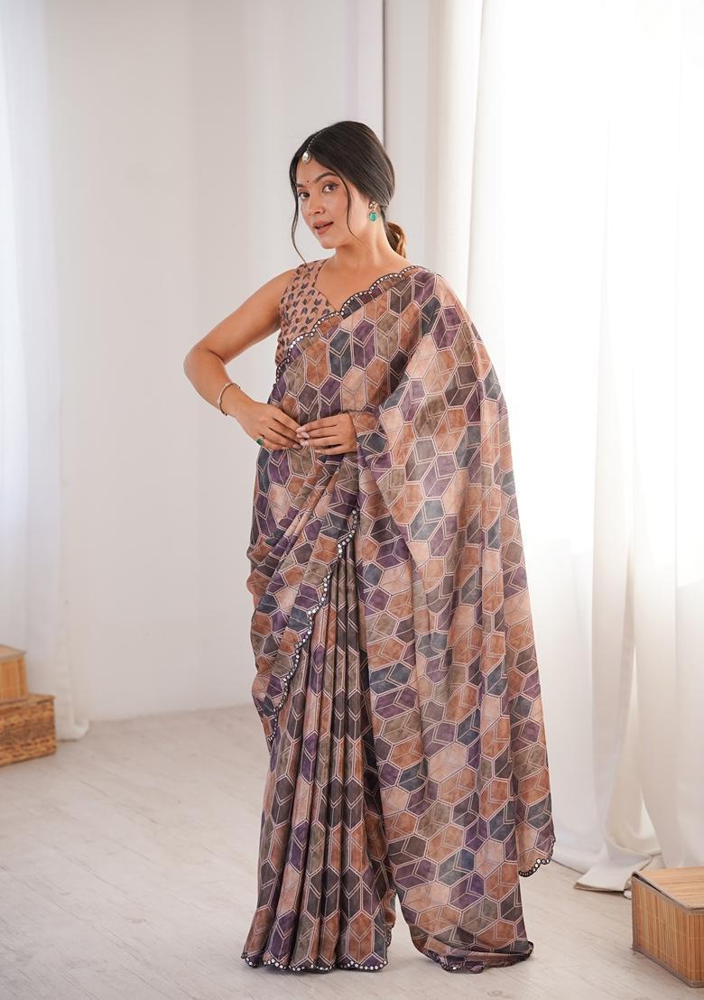 Multicolor Embellished Chinon Saree Set - Indya