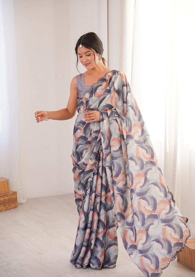 Multicolor Embellished Chinon Saree Set - Indya