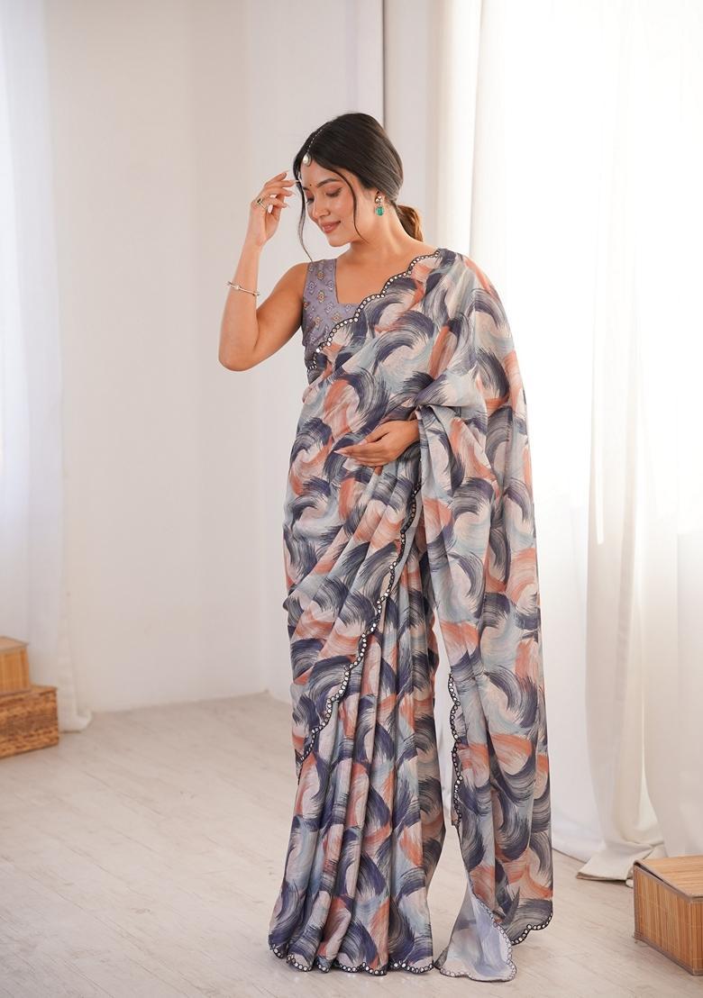 Multicolor Embellished Chinon Saree Set - Indya