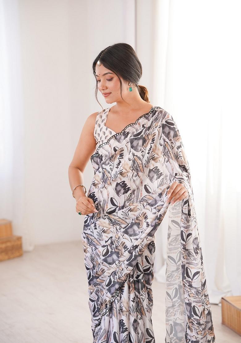 Multicolor Embellished Chinon Saree Set - Indya