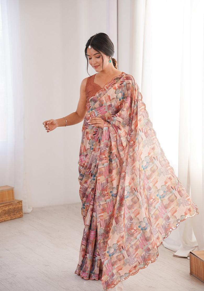 Multicolor Embellished Chinon Saree Set - Indya