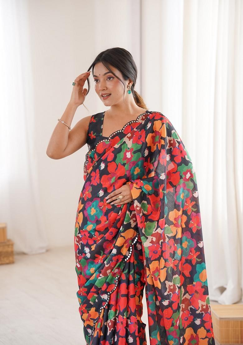 Multicolor Embellished Chinon Saree Set - Indya