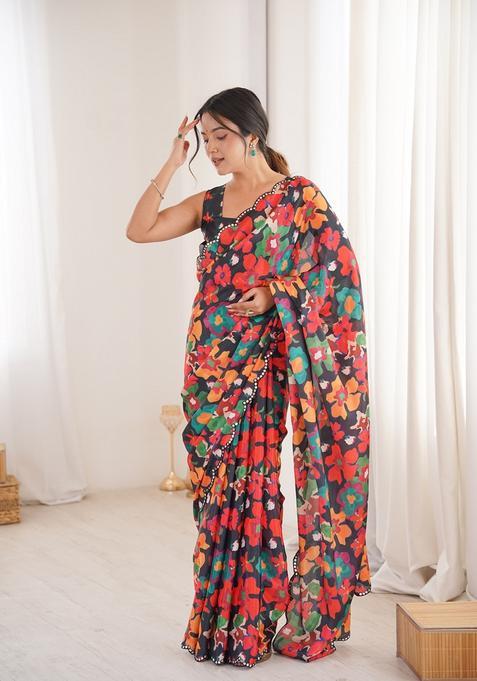 Multicolor Embellished Chinon Saree Set