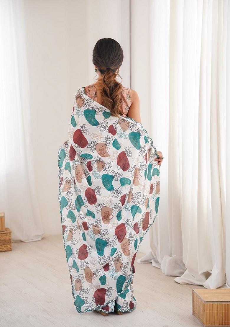 Off White Embellished Chinon Saree Set - Indya