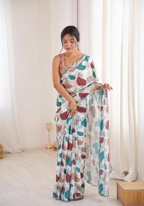 Off White Embellished Chinon Saree Set