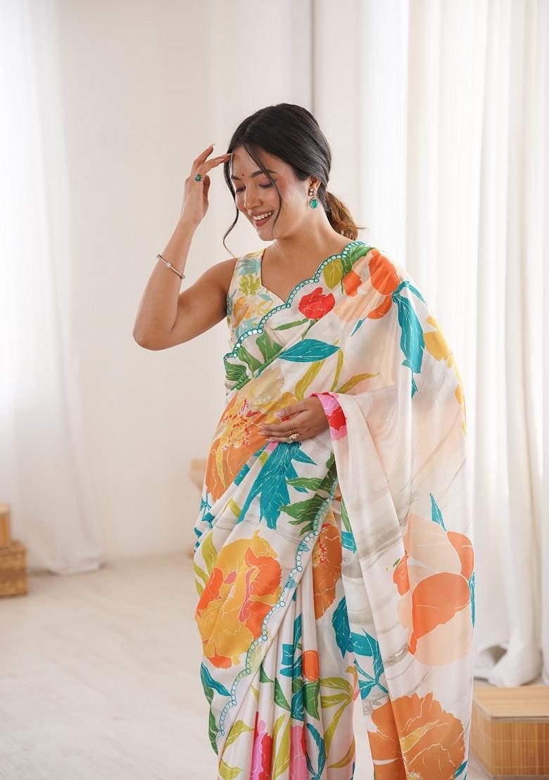 Yellow Embellished Chinon Saree Set - Indya