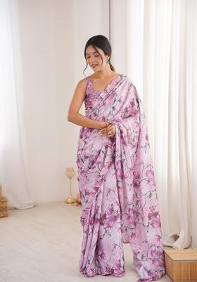 Pink Embellished Chinon Saree Set