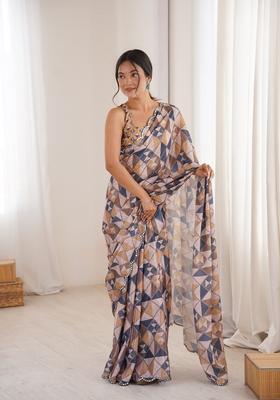 Multicolor Embellished Chinon Saree Set