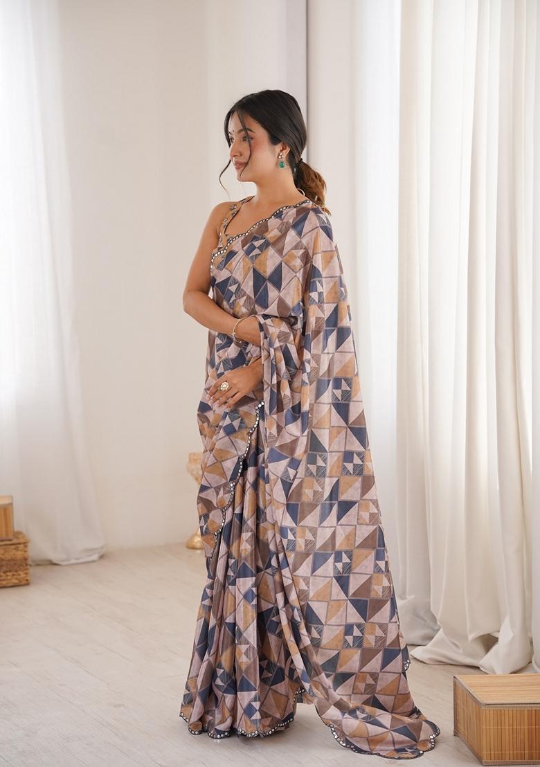 Multicolor Embellished Chinon Saree Set - Indya