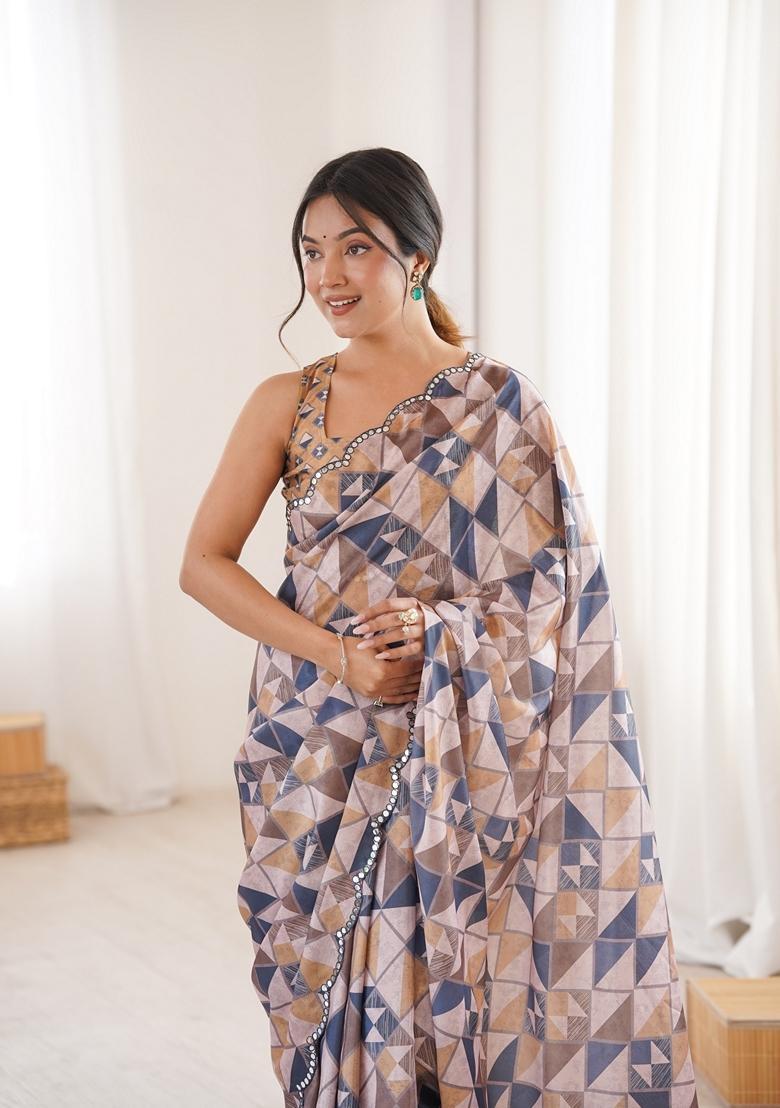 Multicolor Embellished Chinon Saree Set - Indya