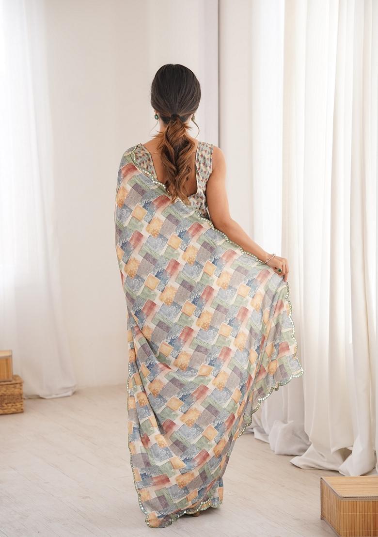 Multicolor Embellished Chinon Saree Set - Indya