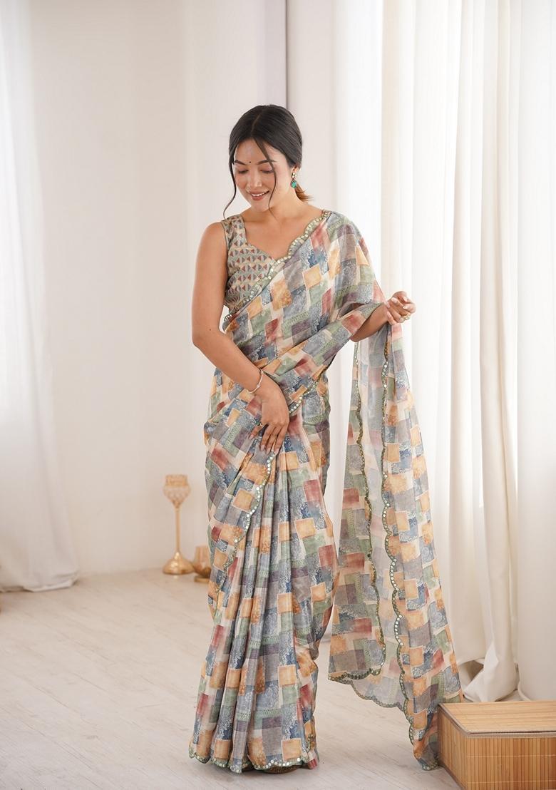 Multicolor Embellished Chinon Saree Set - Indya